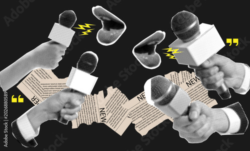 Halftone collage of four Hands Holding Interview Microphones and speaking mouth with Blank Nameplates and Torn Paper Text Elements on a Black and yellow Graphic Background Representing Media