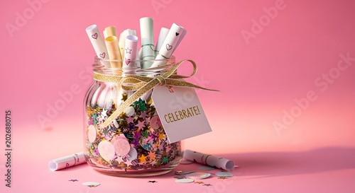 A jar filled with rolled-up wishes and confetti, tied with a ribbon and a 'Celebrate!' tag on a pink background