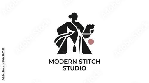 Foto Modern Stitch Studio Logo: Silhouette of Woman Sewing with Needle and Book