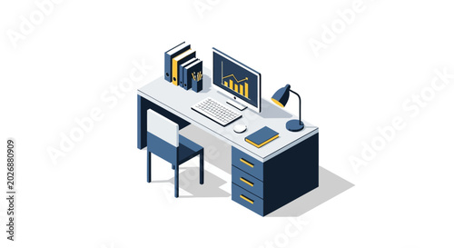 Isometric illustration of a modern office desk setup with a computer and office supplies