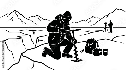 Bild auf Leinwand Scientist drilling ice in frozen landscape, researcher collecting samples