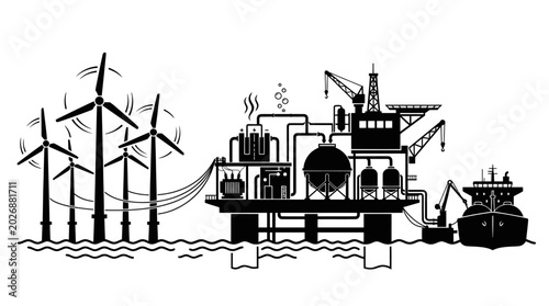 Konstfotografi Offshore Wind Farm and Oil Rig with Ship: Renewable and Fossil Fuel Energy Sourc