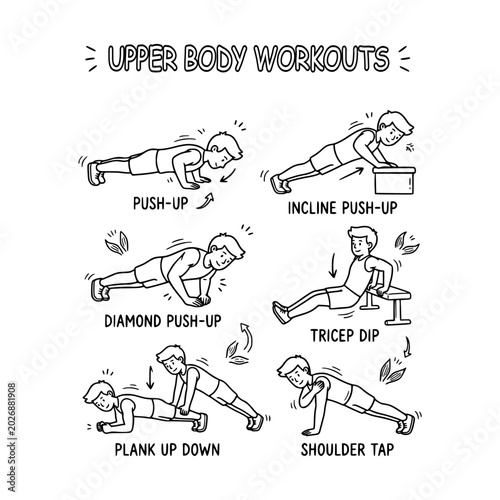 Hand drawn upper body workout illustration featuring push up, incline push up, tricep dip, plank up down and shoulder tap exercises. Minimal fitness vector for gym and home workout content.
