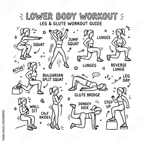 Hand drawn lower body workout guide featuring squat, lunges, glute bridge, donkey kick, calf raises and step up exercises. Fitness doodle vector perfect for posters, planners and gym content.