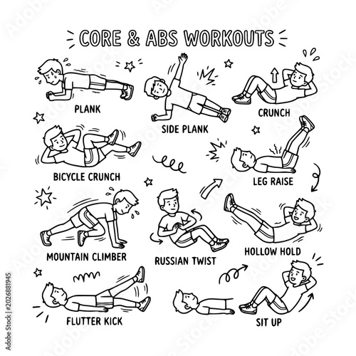 Hand drawn core and abs workout guide featuring plank, crunch, mountain climber, Russian twist and sit up exercises. Minimal fitness doodle vector for gym and home workout designs.