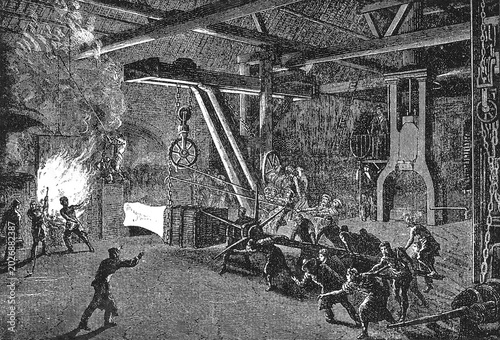 Tableau sur toile Bustling iron foundry with workers and large machinery, old vintage illustration, 1898