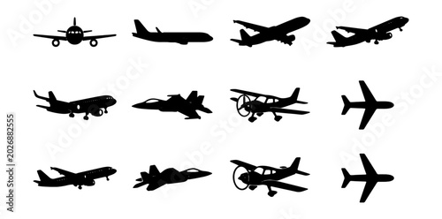 Foto Diverse Aircraft Silhouettes: Jets, Propellers, and Commercial Planes Collection