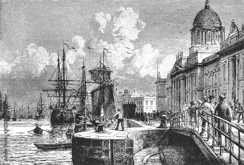 Cuadro en lienzo Custom House in Dublin harbor with ships, domed building, and quayside figures, old vintage illustration, 1898