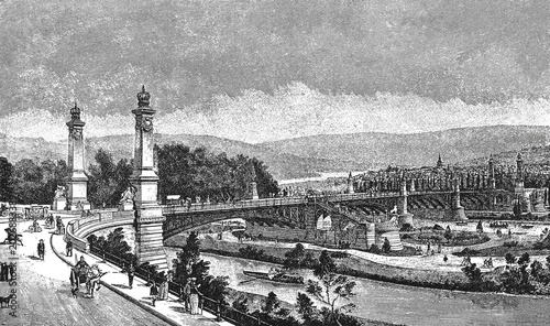 Bild auf Leinwand Neckar Bridge in Stuttgart with traffic and sculptures, old vintage illustration, 1898