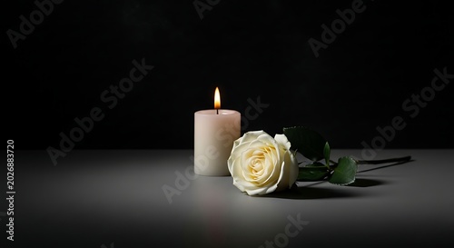 White rose and lit candle on a dark background, symbolizing mourning and remembrance