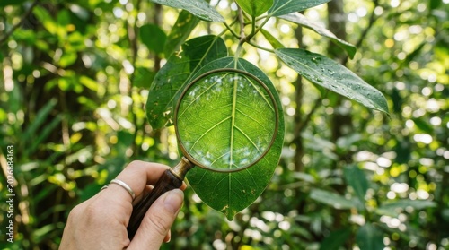 Person examining a green leaf through a vintage handheld magnifying glass