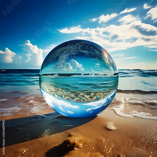 Crystal ball on beach reflects ocean, sand, and sky