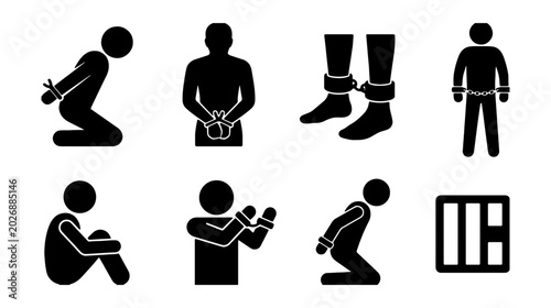 Tableau sur toile Imprisonment Icons, Captivity Symbols, Restraint Silhouettes, Jail Cell Vector S