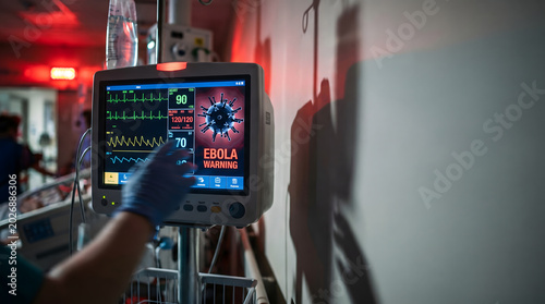 Hospital monitor displaying ebola warning with virus image in dark emergency room