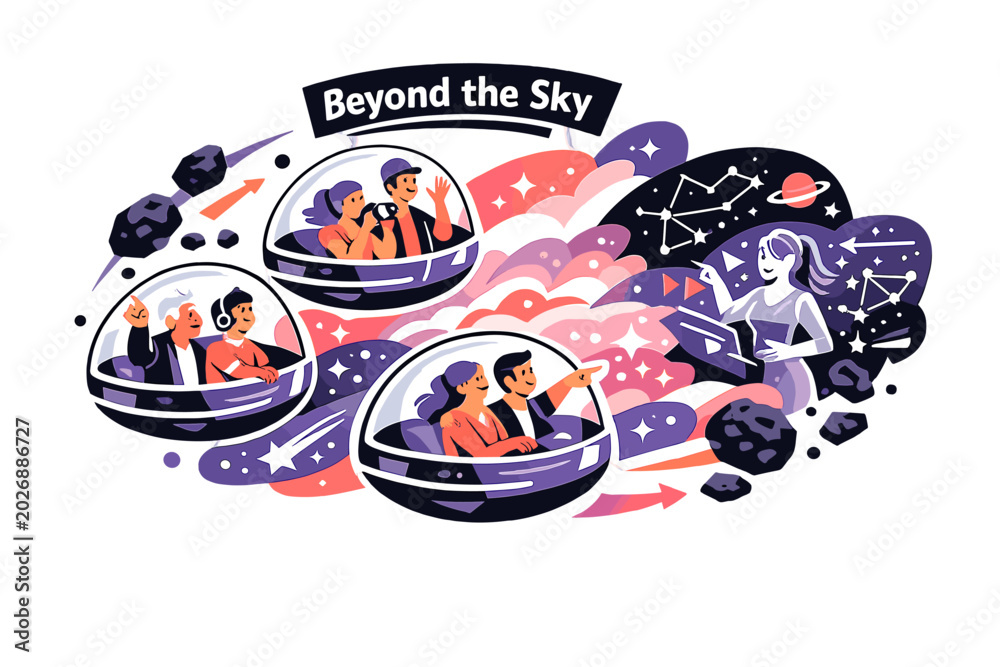 Fototapeta premium Cosmic Sightseeing Adventure. Cosmic sightseeing. Tourists in transparent pods drifting past glowing nebulae