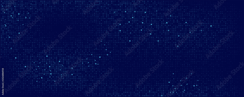 Fototapeta premium Digital glowing pixels matrix pattern on dark blue background. Abstract backdrop of glittering dots for FinTech presentation, blockchain or data scientist concept. Vector illustration.