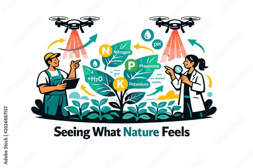 Fototapeta premium Crop health monitoring. Drones projecting infrared light over plants while holographic