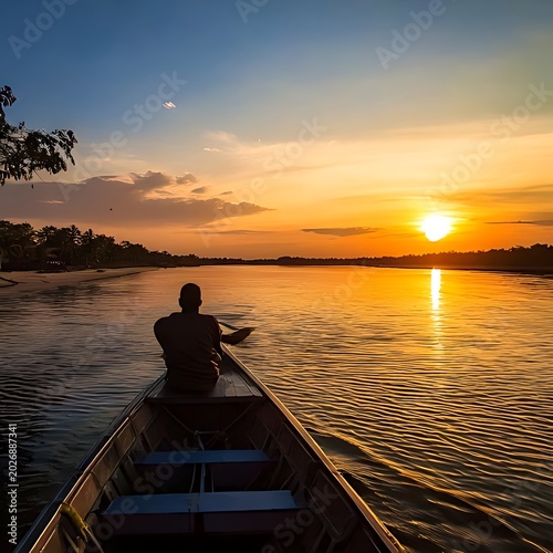 Lone figure rows a boat on a wide river at sunset