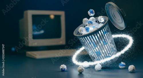 Glowing Floating Digital Trash Bin with Crumpled Paper Balls in an Office Setting Representing Data Cleaning and System Maintenance