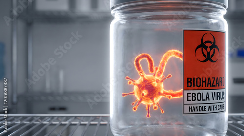 Glass jar containing glowing ebola virus particle labeled with red biohazard warning sticker