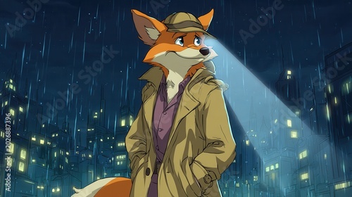 Detective fox in trench coat standing in rainy night city under spotlight noir style illustration
