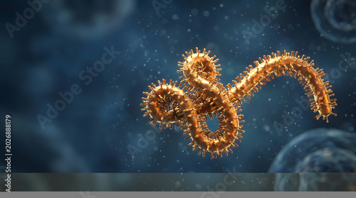 Glowing orange textured ebola virus particle floating in dark blue microscopic background