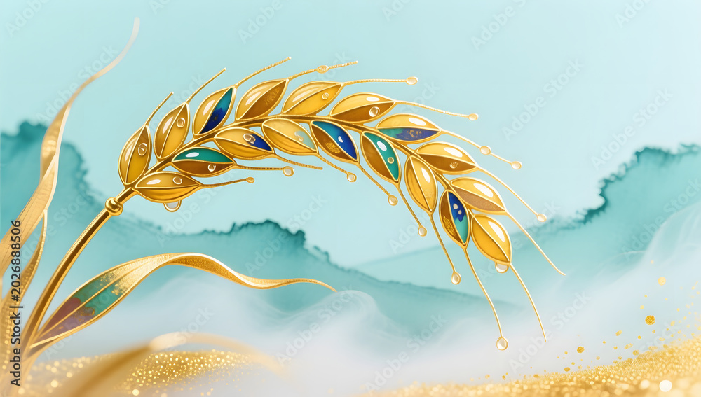 Fototapeta premium Xiaoman solar term golden wheat ears natural illustration