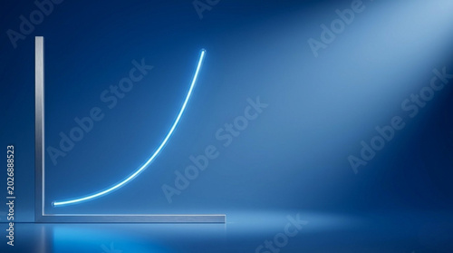 Glowing blue exponential growth curve on a financial chart representing business success and market increase
