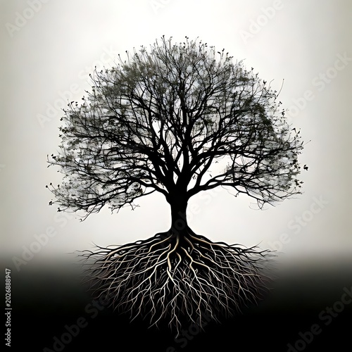 Silhouette of a large, bare tree with exposed roots