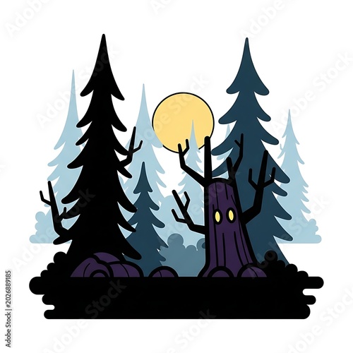 Spooky, cartoonish, purple tree with glowing eyes in a dark forest