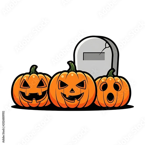 Spooky jack-o'-lanterns with cracked gravestone in a festive Halloween scene