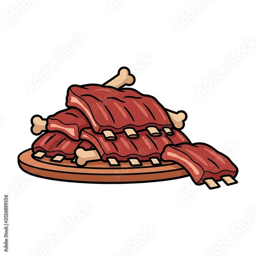 Stacked raw meat ribs on a wooden plate, ready for cooking