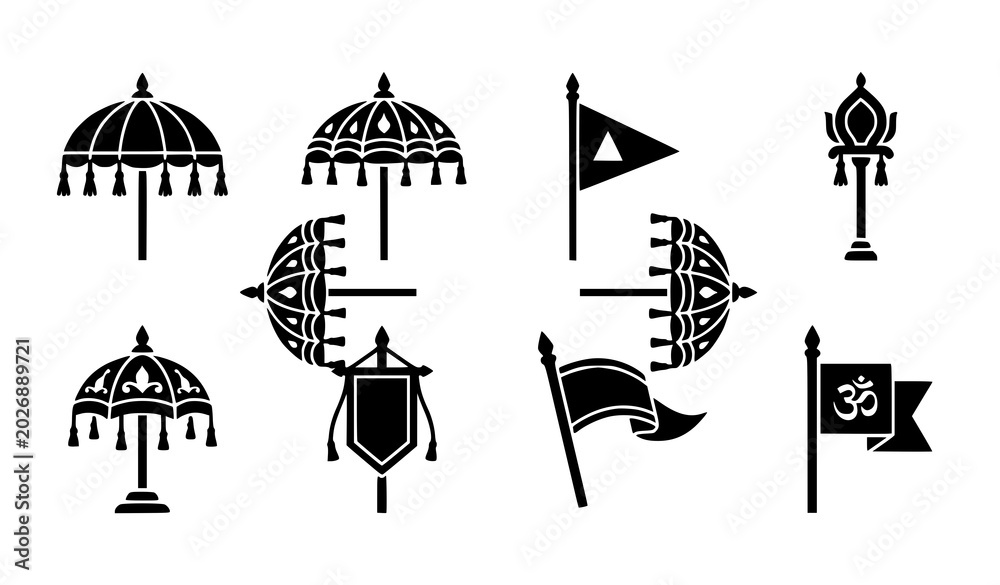 Fototapeta premium Traditional Indian ceremonial umbrella and flag silhouette vector set for festival and heritage design