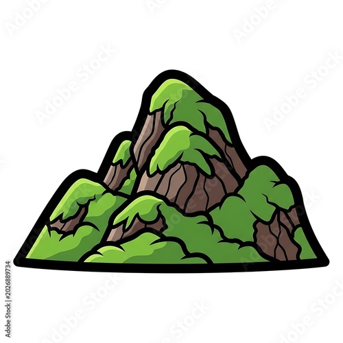 Stylized, rugged mountain peaks covered in vibrant green foliage