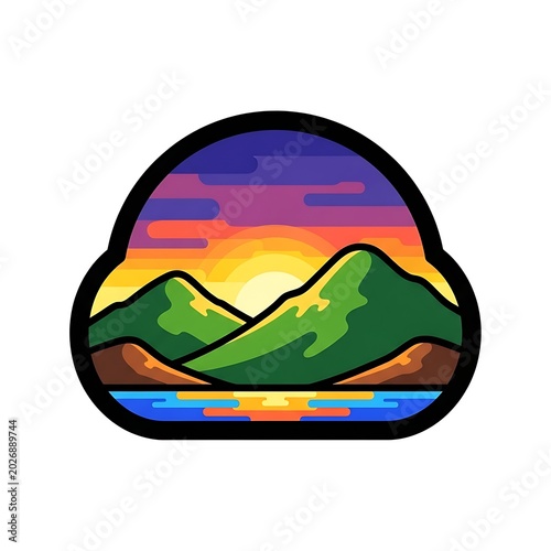 Stylized mountain landscape with vibrant sunset over water