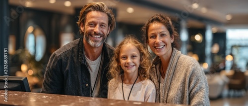 A happy family of three smiles by the bar, providing a warm backdrop for themes of tourism and family values.