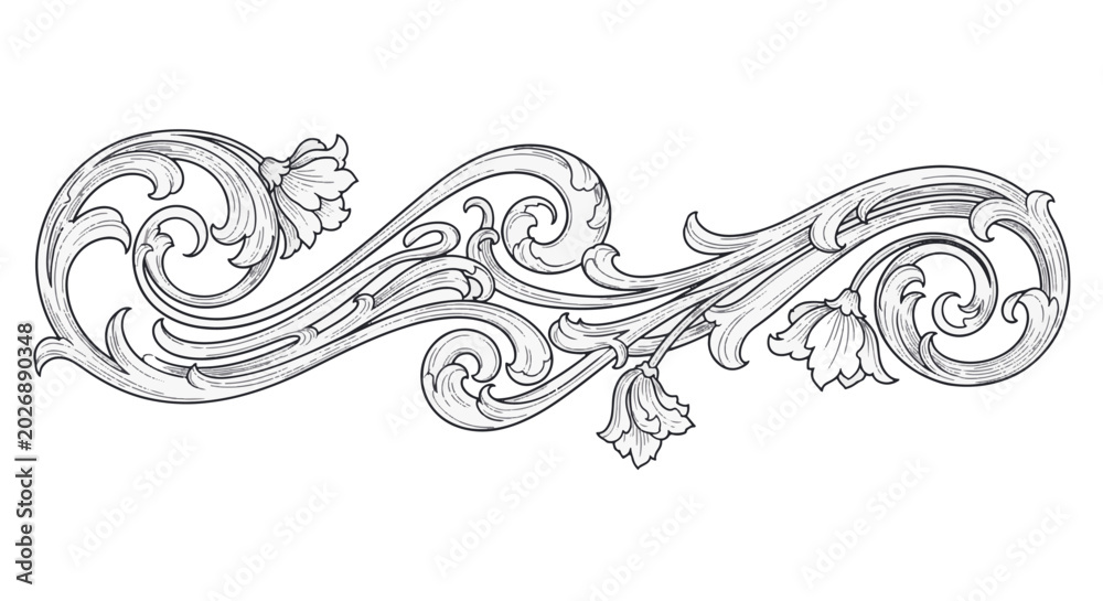 Fototapeta premium Intricate black and white line art decorative element featuring floral motifs and symmetrical scrollwork, ideal for luxury stationery, elegant borders, and professional graphic design.