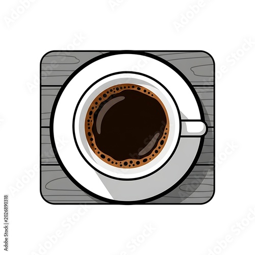 Top view of a steaming cup of coffee on a wooden surface