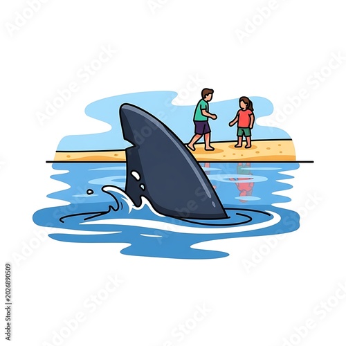 Two people near water with shark fin approaching