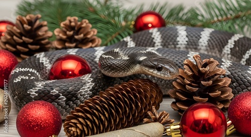 A strikingly patterned snake gracefully coils amidst a festive array of red Christmas ornaments and natural pine cones, creating an unusual and captivating holiday season tableau