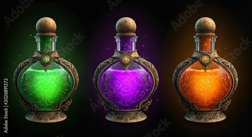 Colorful glass bottles with glowing liquids.