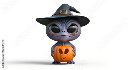 Cute cartoon monster in witch hat.