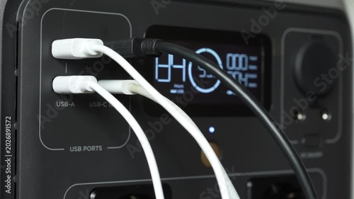 Close up of portable power station with multiple cables connected and devices charging. Concept of backup electricity, energy supply and reliable power for home or office.