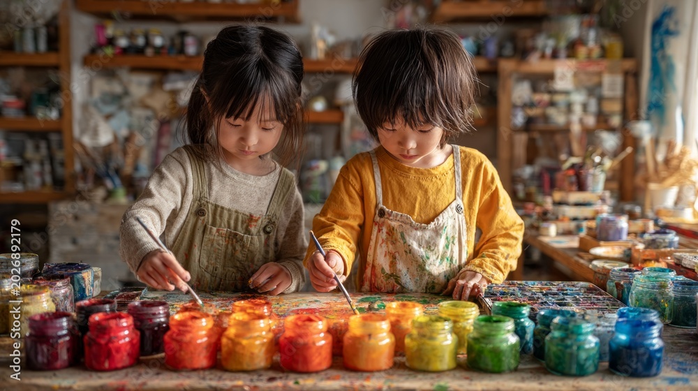Fototapeta premium Two children are enthusiastically painting in the art studio, providing an inspiring backdrop for educational projects and topics on child development through art.