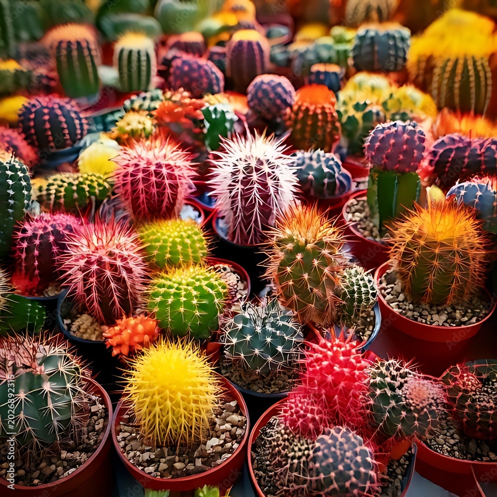 Fototapeta premium Vibrant, spiky desert plants bursting with color, neatly arranged in pots