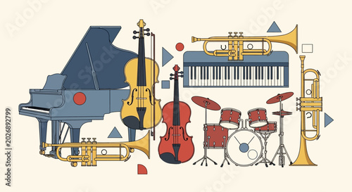 Musical instruments illustration piano violin trumpet and drums arrangement
