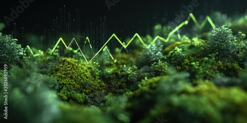 Abstract green data visualization of growth and finance on natural background