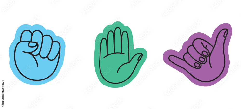Fototapeta premium Cartoon hand gesture sticker set. blue clenched fist, green open palm, purple shaka sign. for youth apparel prints, social media emoji, chat graphic layouts. stock vector illustration art.