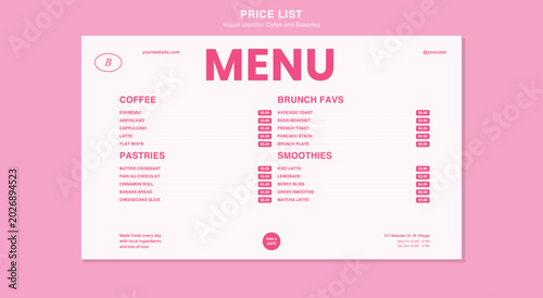 Feminine pink cafe price list menu template. pastel background, coffee pastries text, bold layouts. for modern coffee shop displays, aesthetic bakery prints. modern vector template.