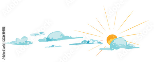 Canvas Print Orange sun and blue sky with fluffy clouds vector watercolor illustration, weath